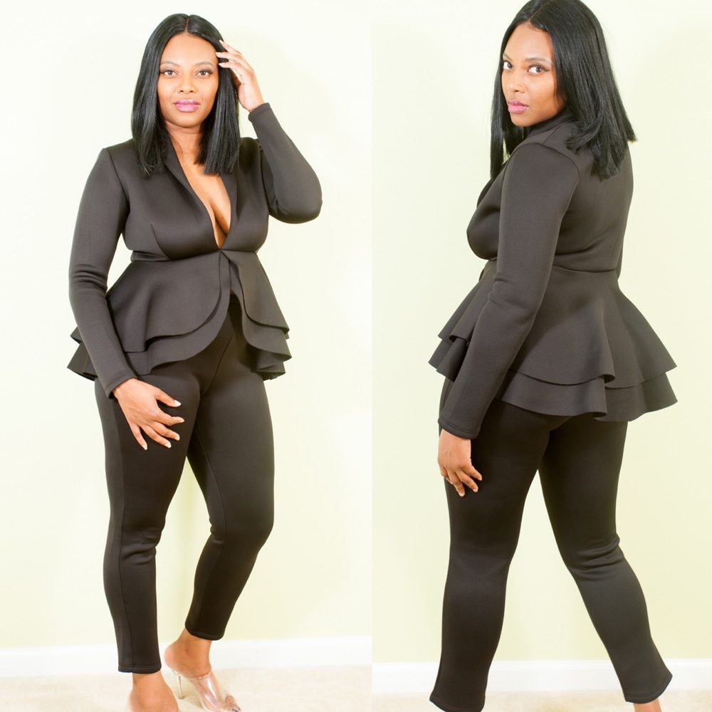 Peplum Set with Plunging Neckline, Black